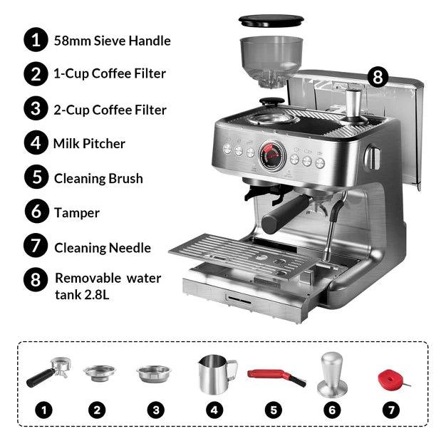 Espresso Machine – 20 Bar Professional Coffee Machine with 2.8L Removable Water Tank – Sliver