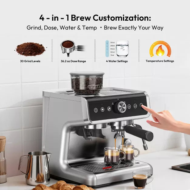 Espresso Machine – 15 Bar Coffee Maker with Milk Frother Steamer Wand – Silver
