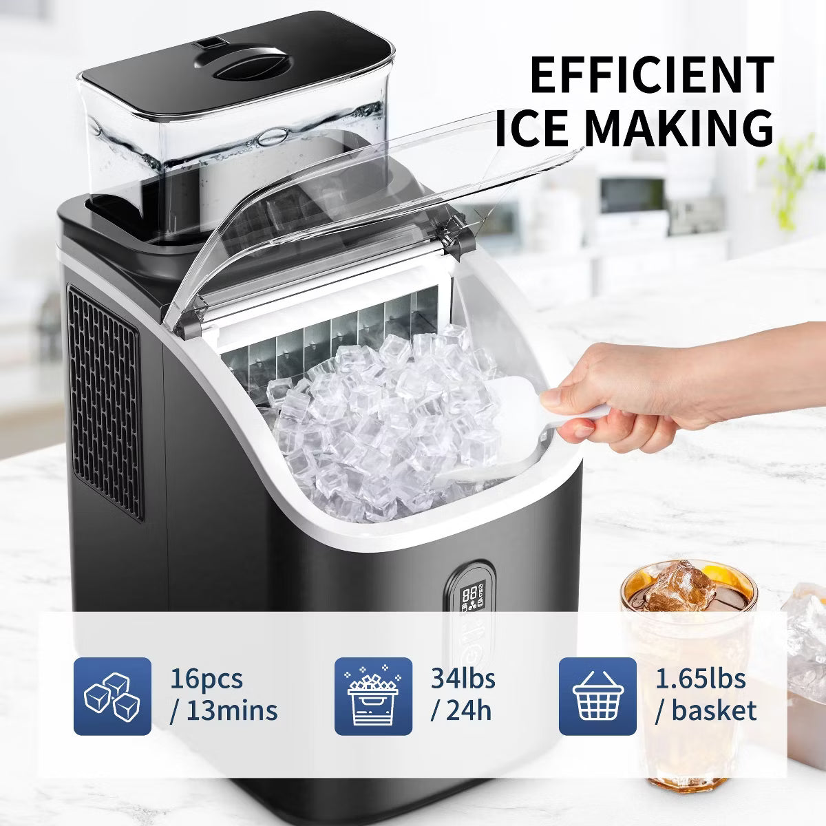 Ice Maker – Portable Ice Maker Countertop, 34Lbs/Day – Stainless Steel