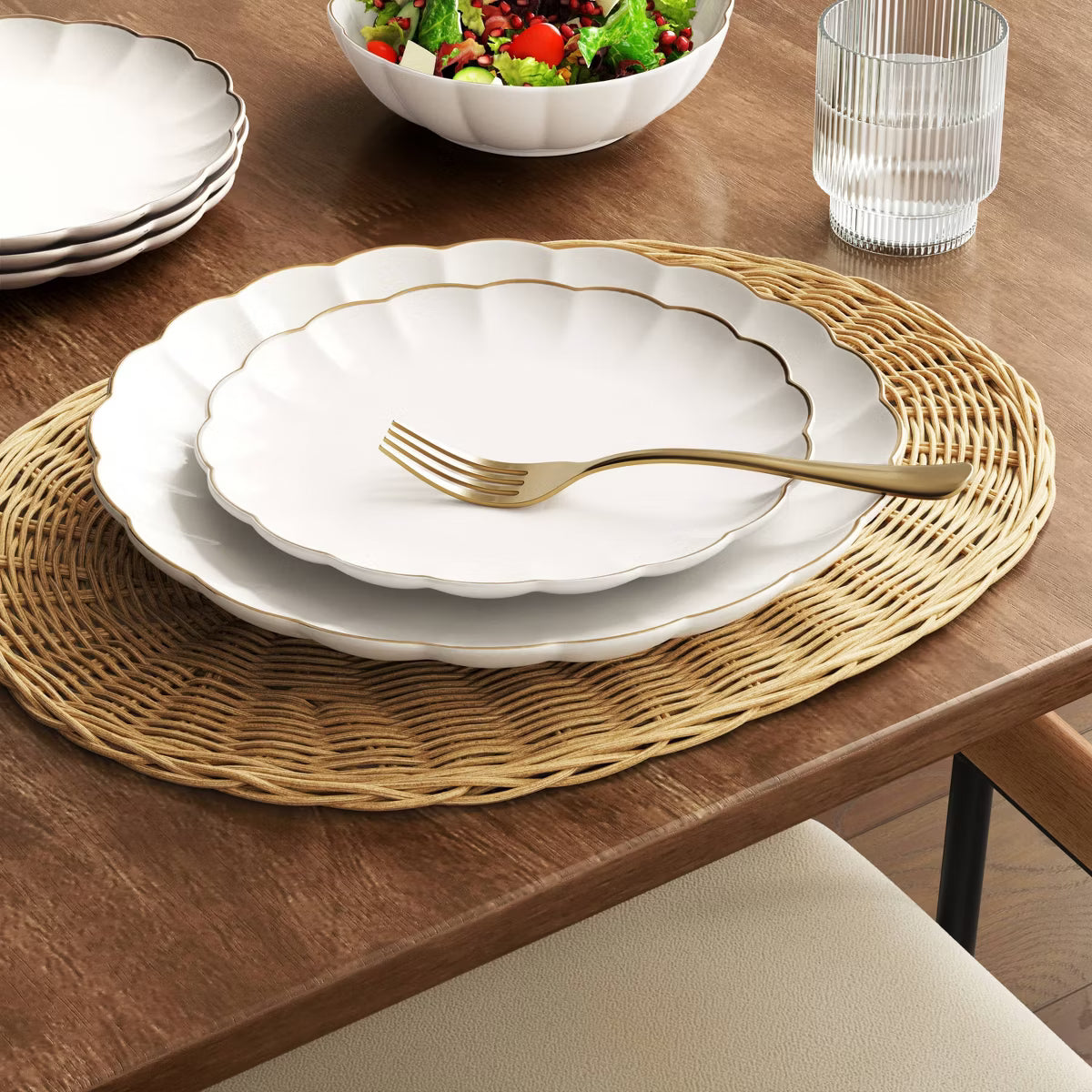 Dinner Plate – Culinvaro 0.5" Stoneware Scalloped Dinner Plate Gold Rim