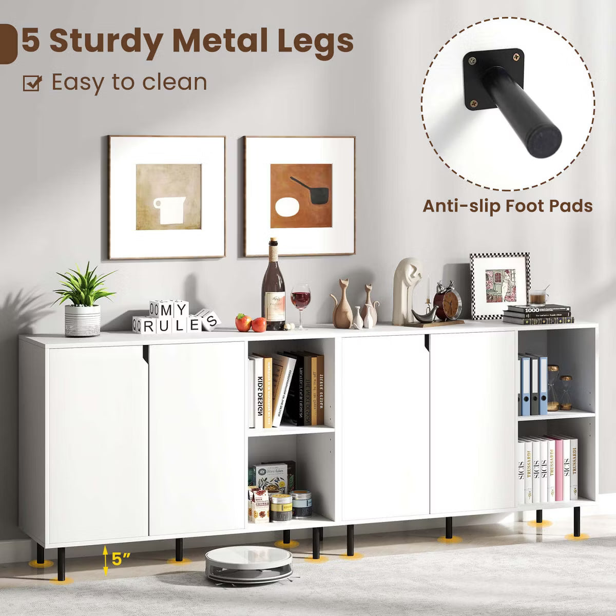 Buffet Cabinet – Culinvaro Kitchen Sideboard Buffet with Adjustable Shelves 2 Doors Sturdy Metal Legs White