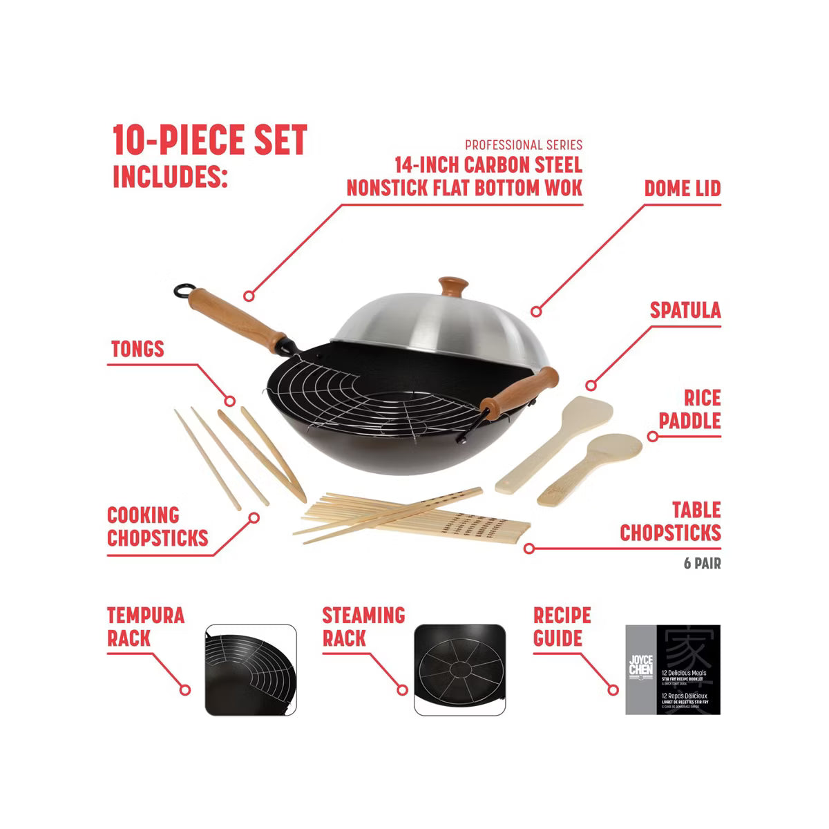 Wok – 14-Inch Carbon Steel Excalibur Nonstick Flat Bottom Wok Set – Black