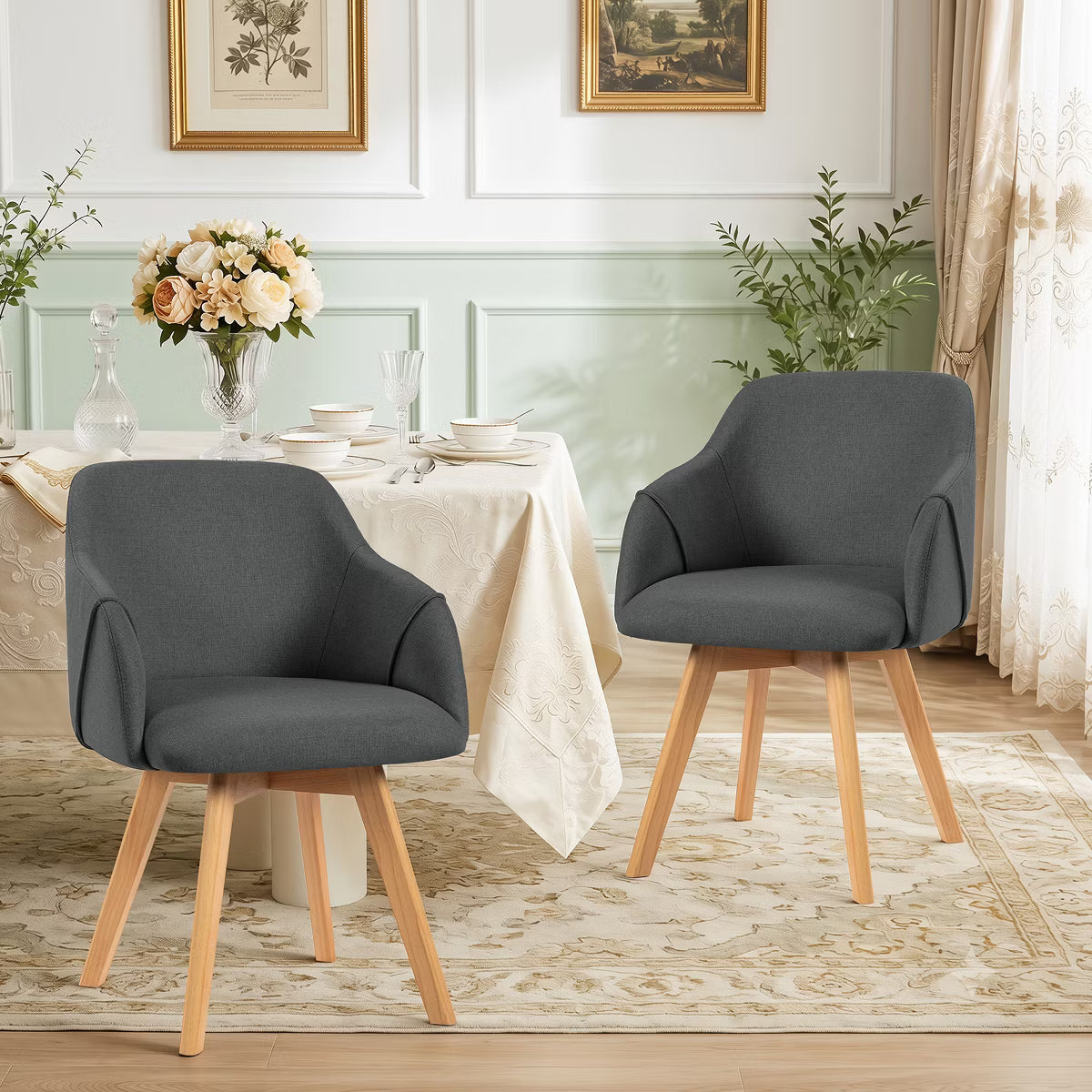 Swivel Dining Chairs Set of 2, Linen Upholstered Armchairs with Solid Wood Legs