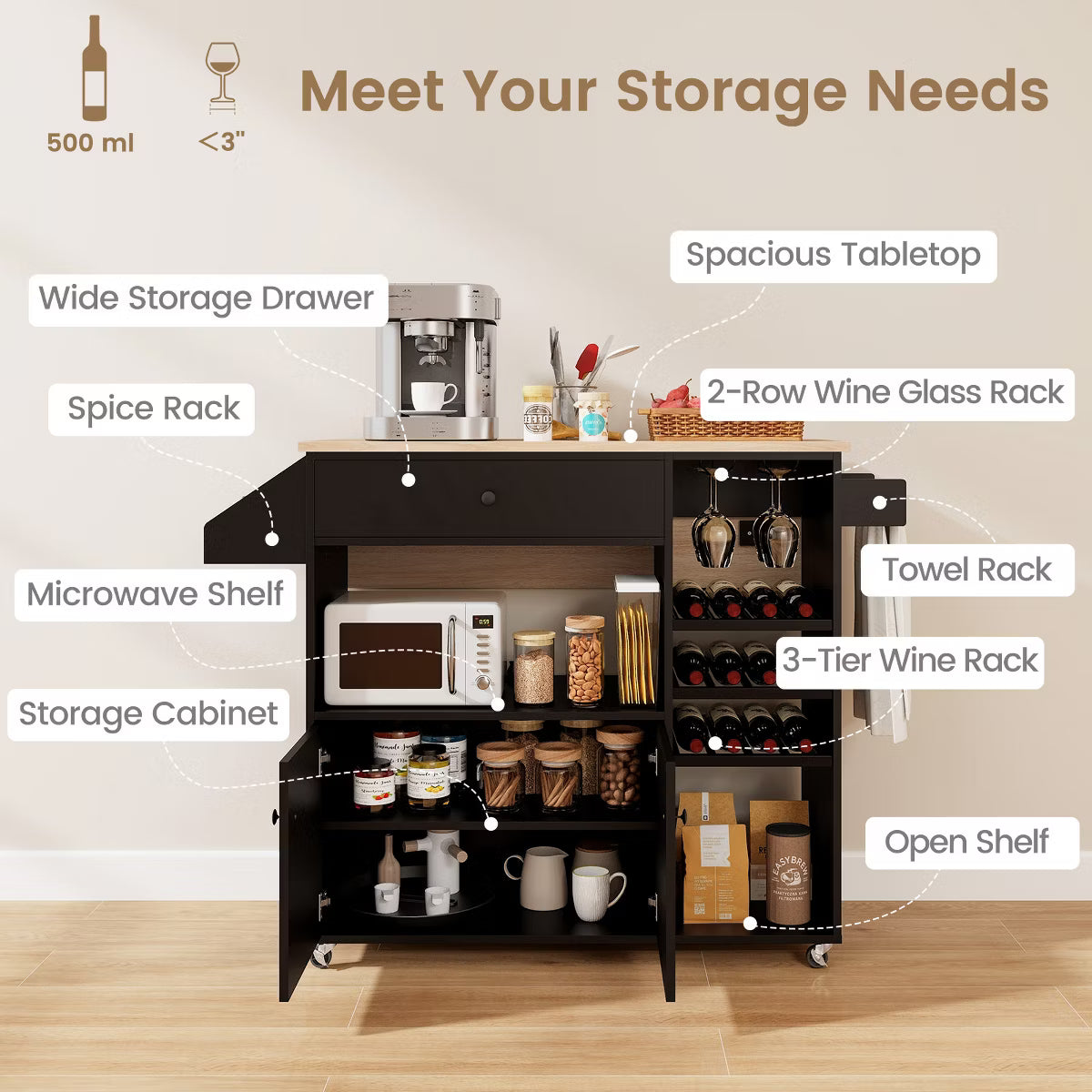 Drop Leaf Kitchen Island Cart with Power Outlet Mobile Buffet Storage Cart with Microwave Shelf Black  3 out of 5 stars 4