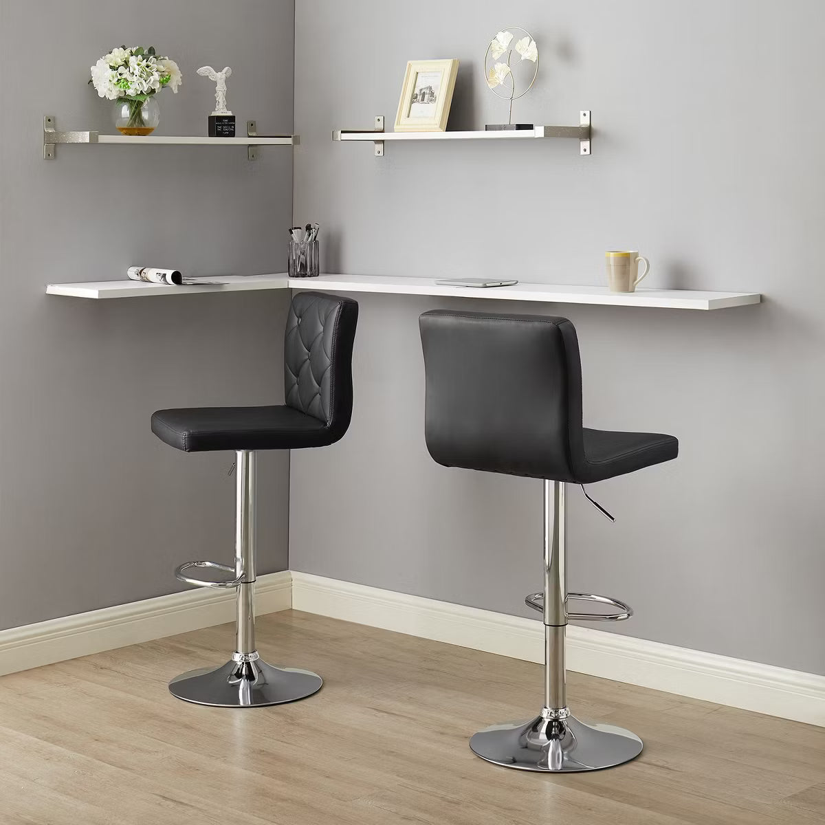 Adjustable Counter Height Bar Stools with PU Leather Seat, Black, 2 PCS