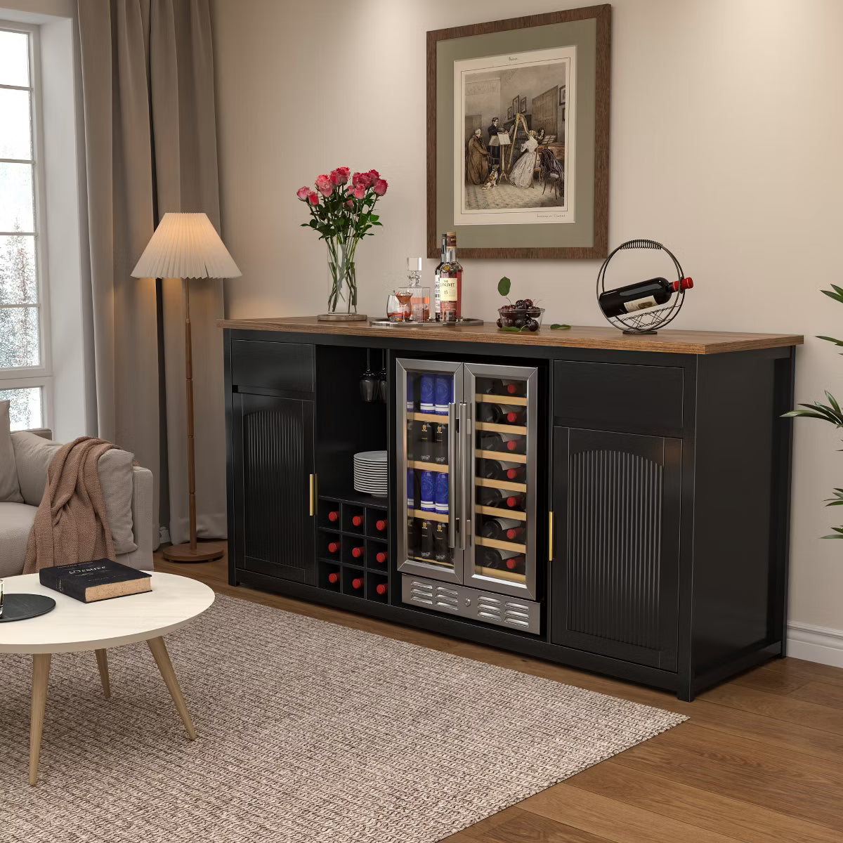 Bar Cabinet – Culinvaro Extra Long Bar Cabinet with Fridge Space, Modern Wine Liquor Cabinet,78.7" Black