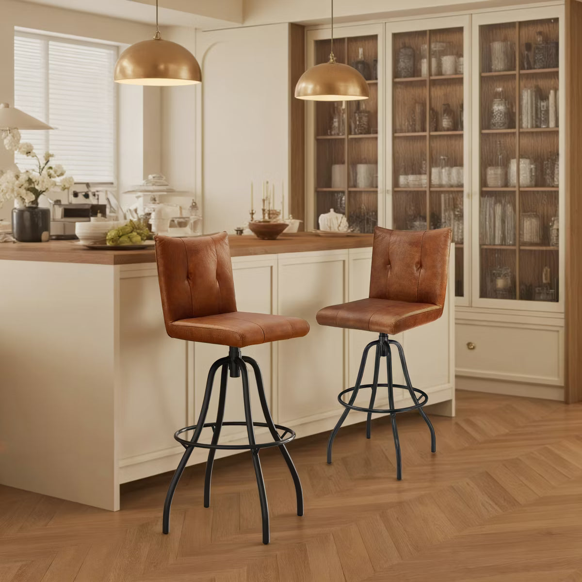 Genuine Leather Industrial-style and Mid-century Modern Counter Height Barstool