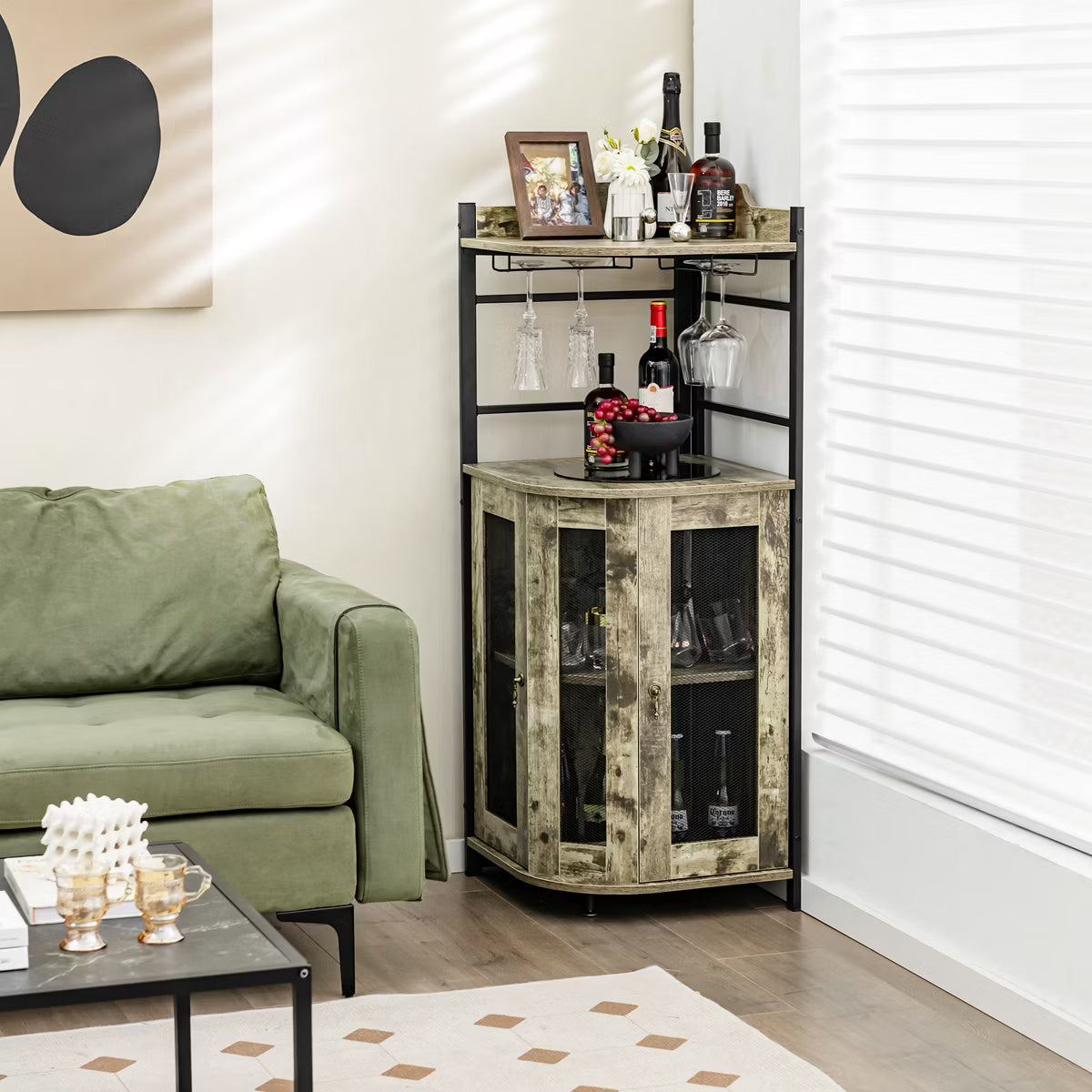 Bar Cabinet – Culinvaro Corner Bar Cabinet Industrial Liquor Wine Cabinet with Glass Holder & Mesh Doors