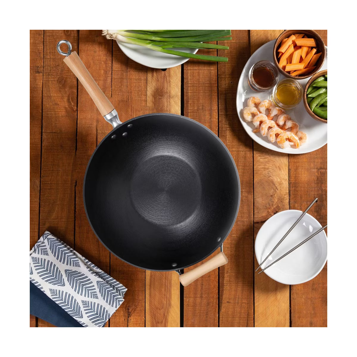 Wok – 14-Inch Preseasoned Cast Iron Flat Bottom Wok – Black