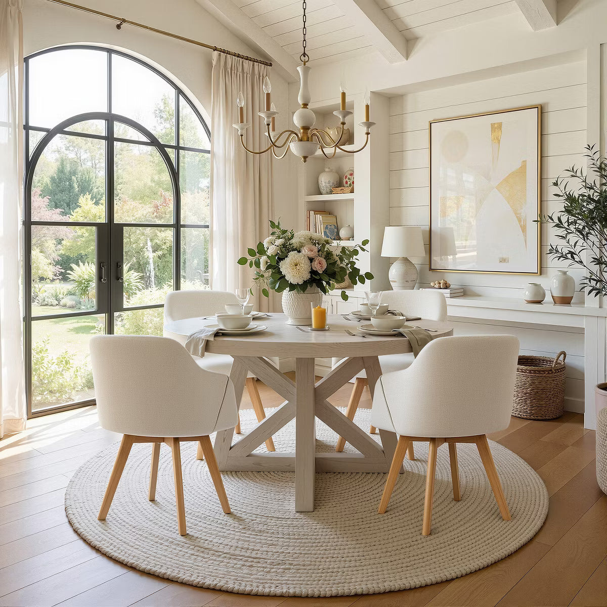 Swivel Dining Chairs Set of 2, Linen Upholstered Armchairs with Solid Wood Legs