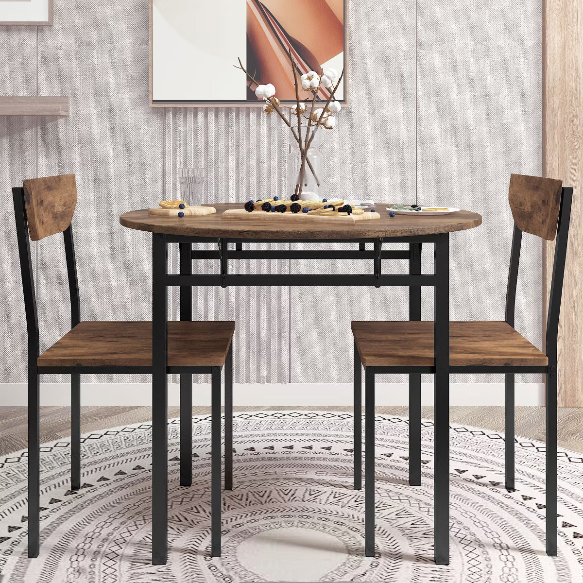 3 Pieces Metal Round Dining Table Set with Drop Leaf