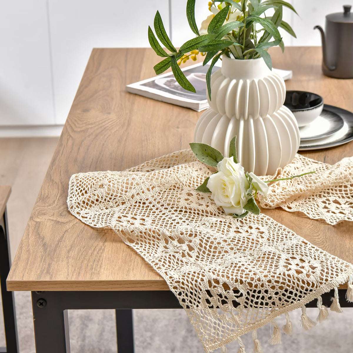 Modern 3 PCS Dining Table Bench Set w/ Metal Frame & Wooden Tabletop Natural