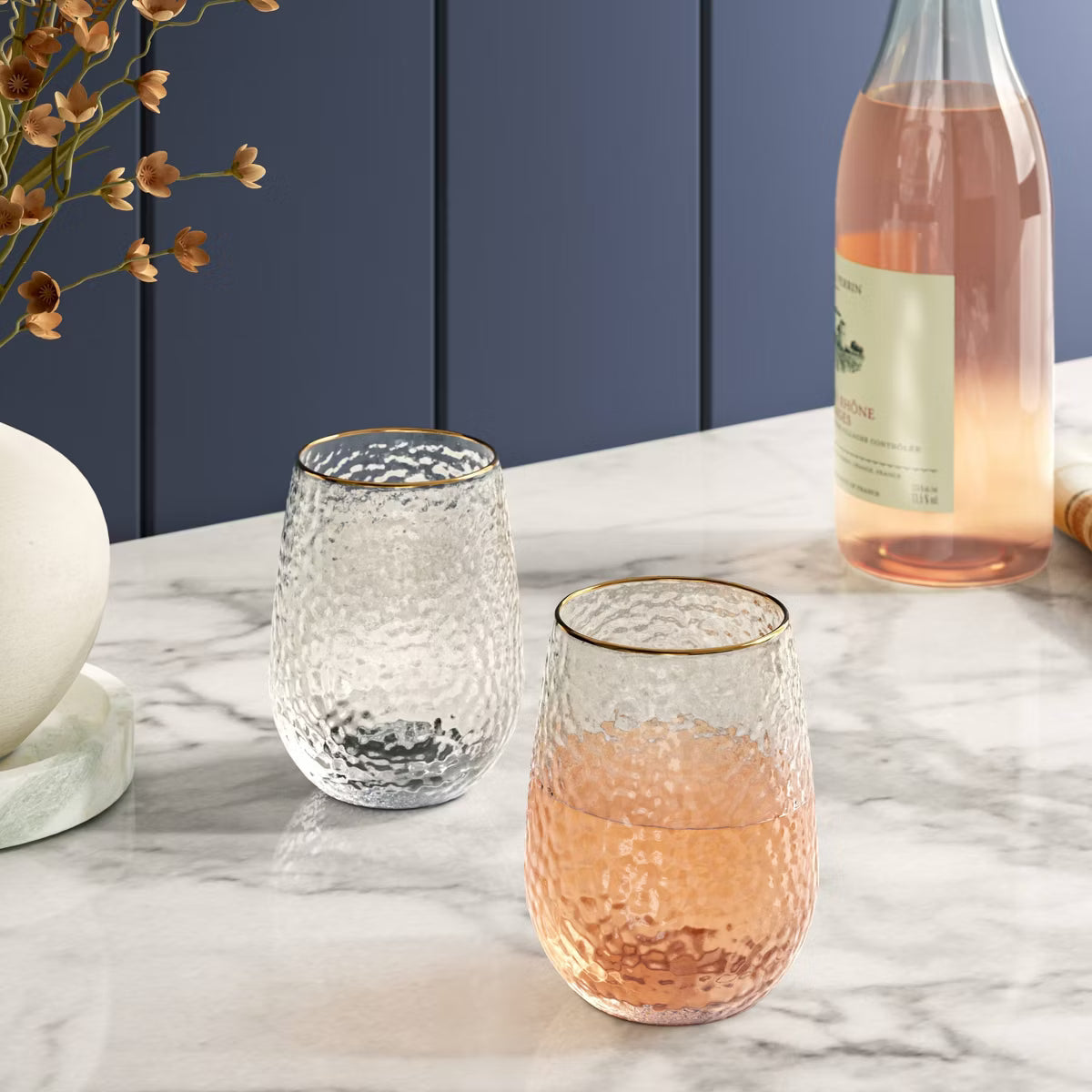 Wine Glass – Culinvaro 15.88oz Stemless Wine with Hammered and Gold Rim
