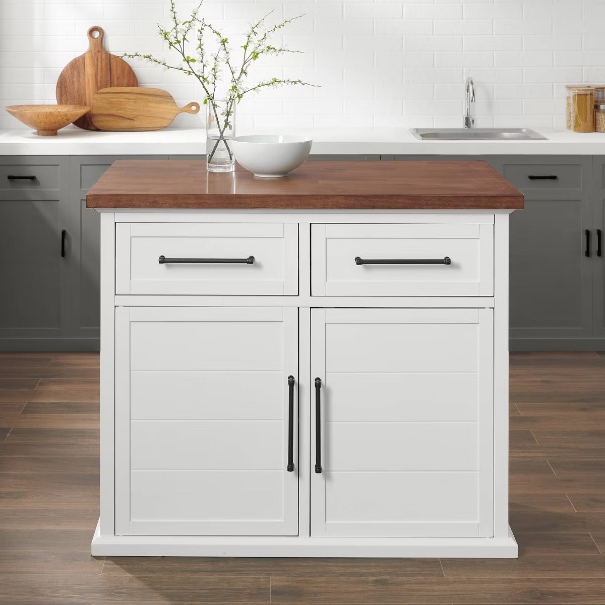 Kitchen Island – Culinvaro Bartlett Wood Top Kitchen Island White