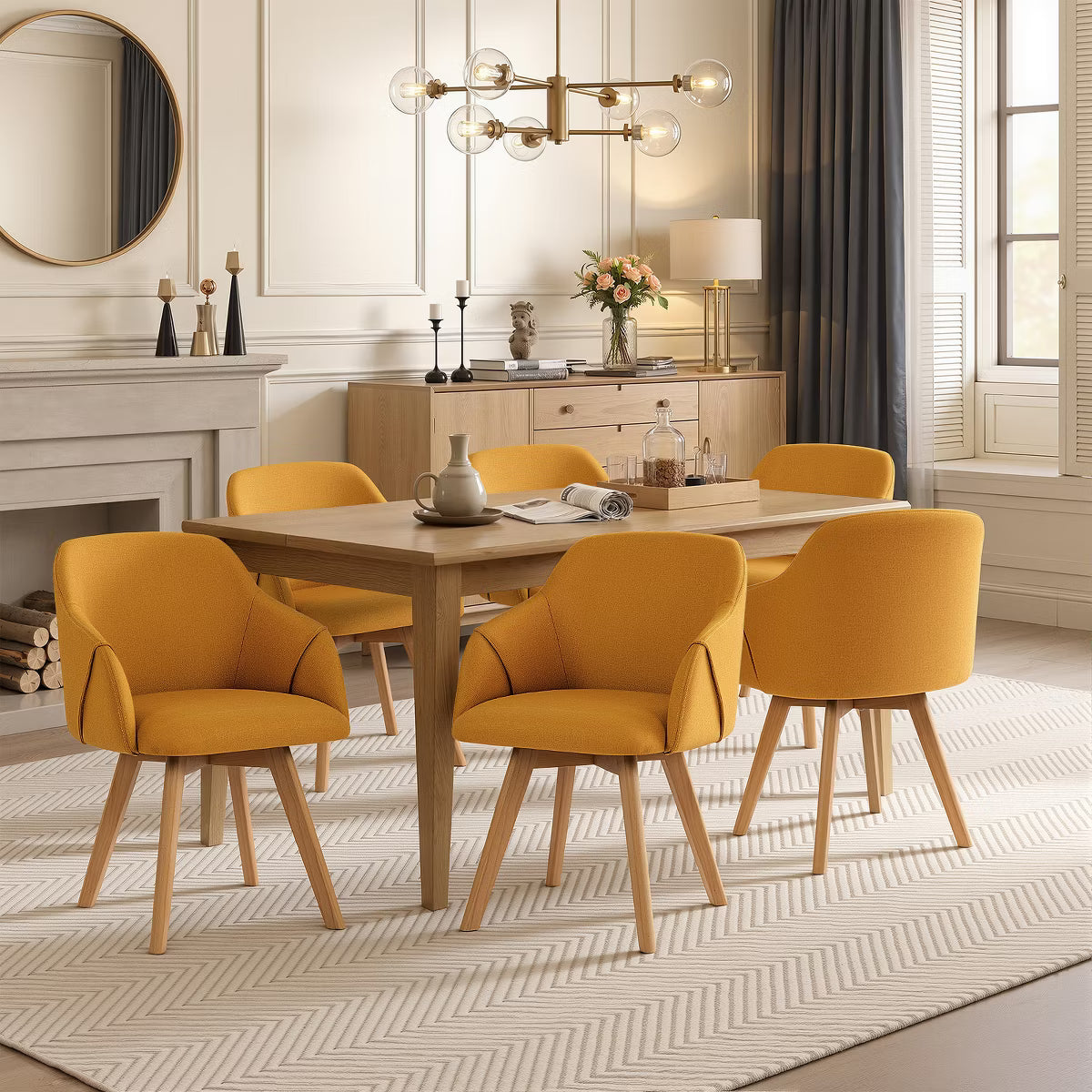 Swivel Dining Chairs Set of 2, Linen Upholstered Armchairs with Solid Wood Legs