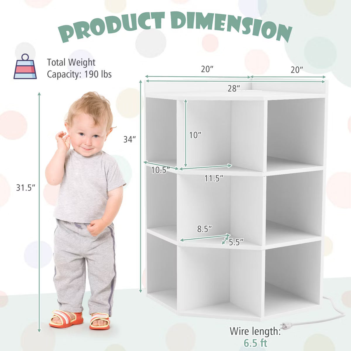 -Tier Kids Corner Toy Storage Organizer with USB Ports and Outlets 9 Cubbies White