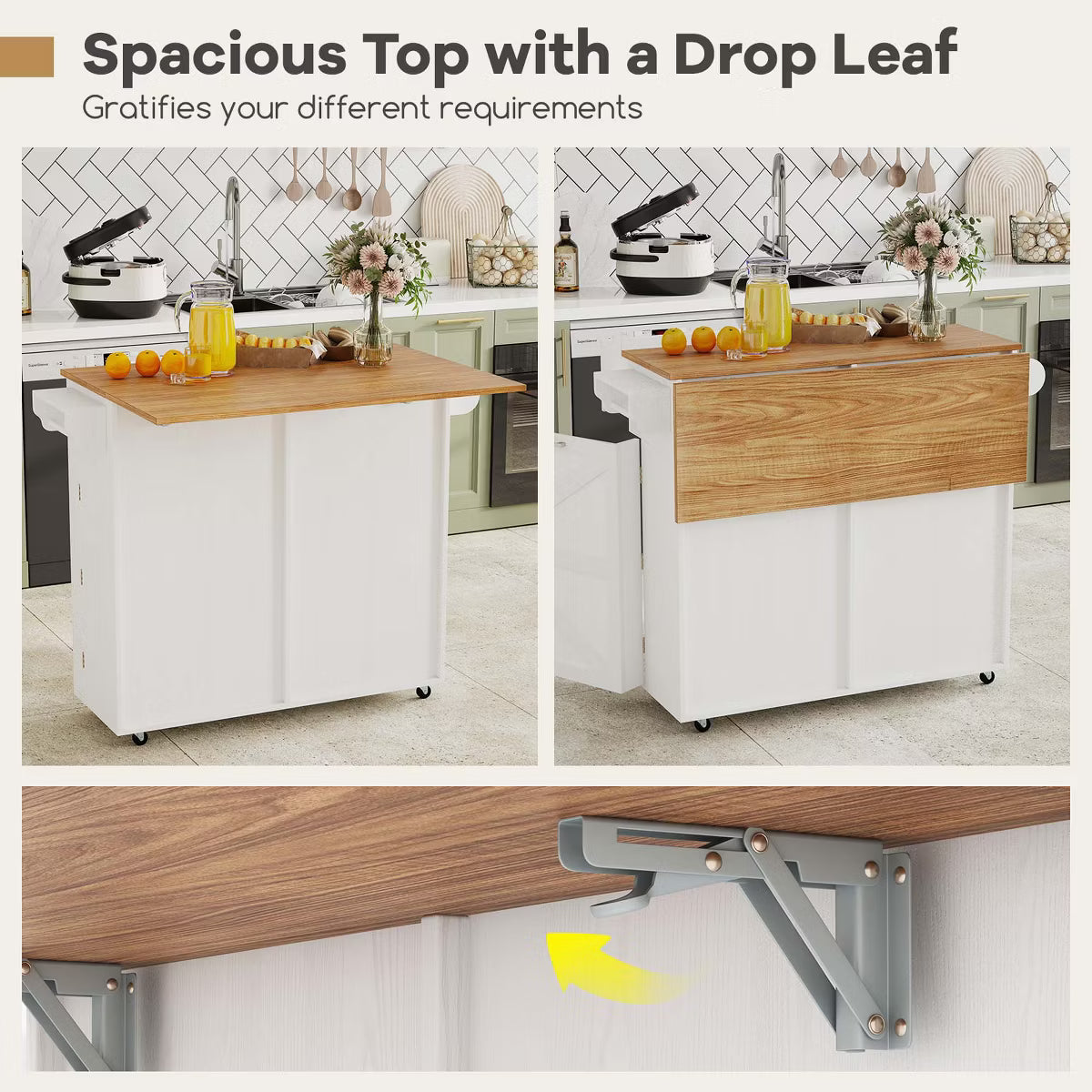 Rolling Kitchen Island Kitchen Island Cart with Drop Leaf Trash Can Cabinet White