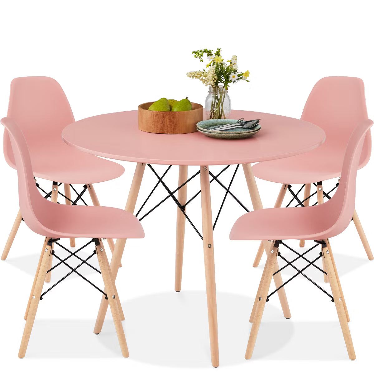 Dining Set – Culinvaro 5-Piece Compact Mid-Century Modern Dining Set w/ 4 Chairs" Pink/Oak
