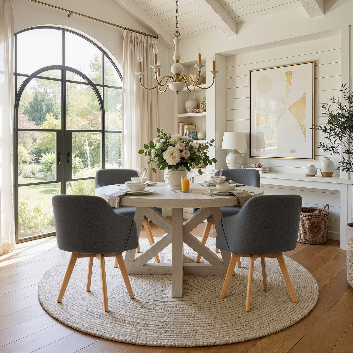 Swivel Dining Chairs Set of 2, Linen Upholstered Armchairs with Solid Wood Legs