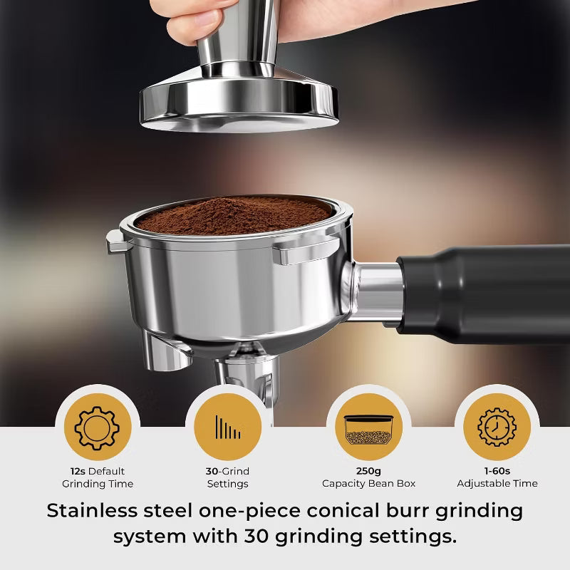 Espresso Machine – 20 Bar Programmable Expresso Coffee Machines with 30 Grinder Setting – Silver