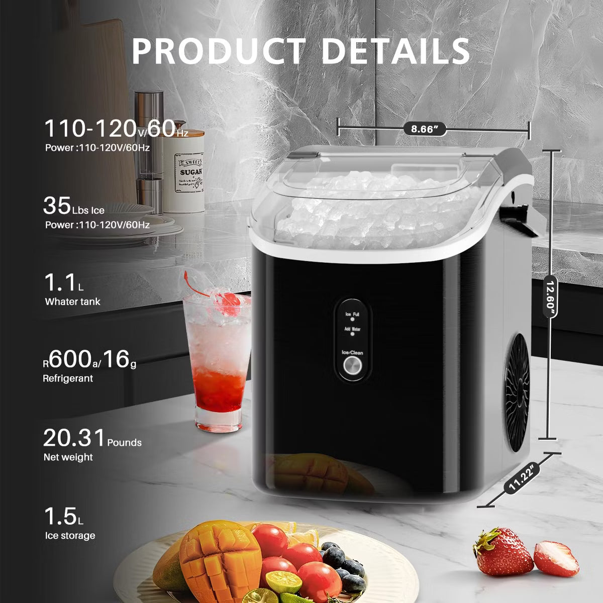 Ice Maker – ce Maker, Soft Chewable Ice, 35 lbs/Day – Black