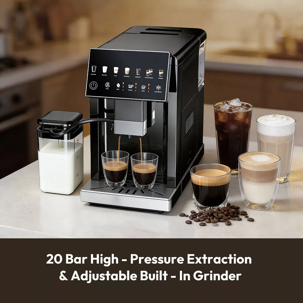 Espresso Machine – 20 Bar Fully Automatic Coffee and Espresso Machine with Milk Frother – Silver
