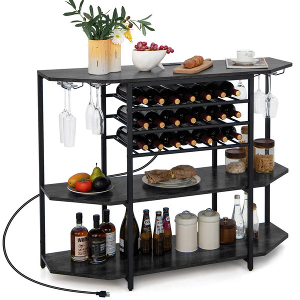 3 Tier Bar Cabinet with Storage Shelves Glass Holders Bottle Racks Gray