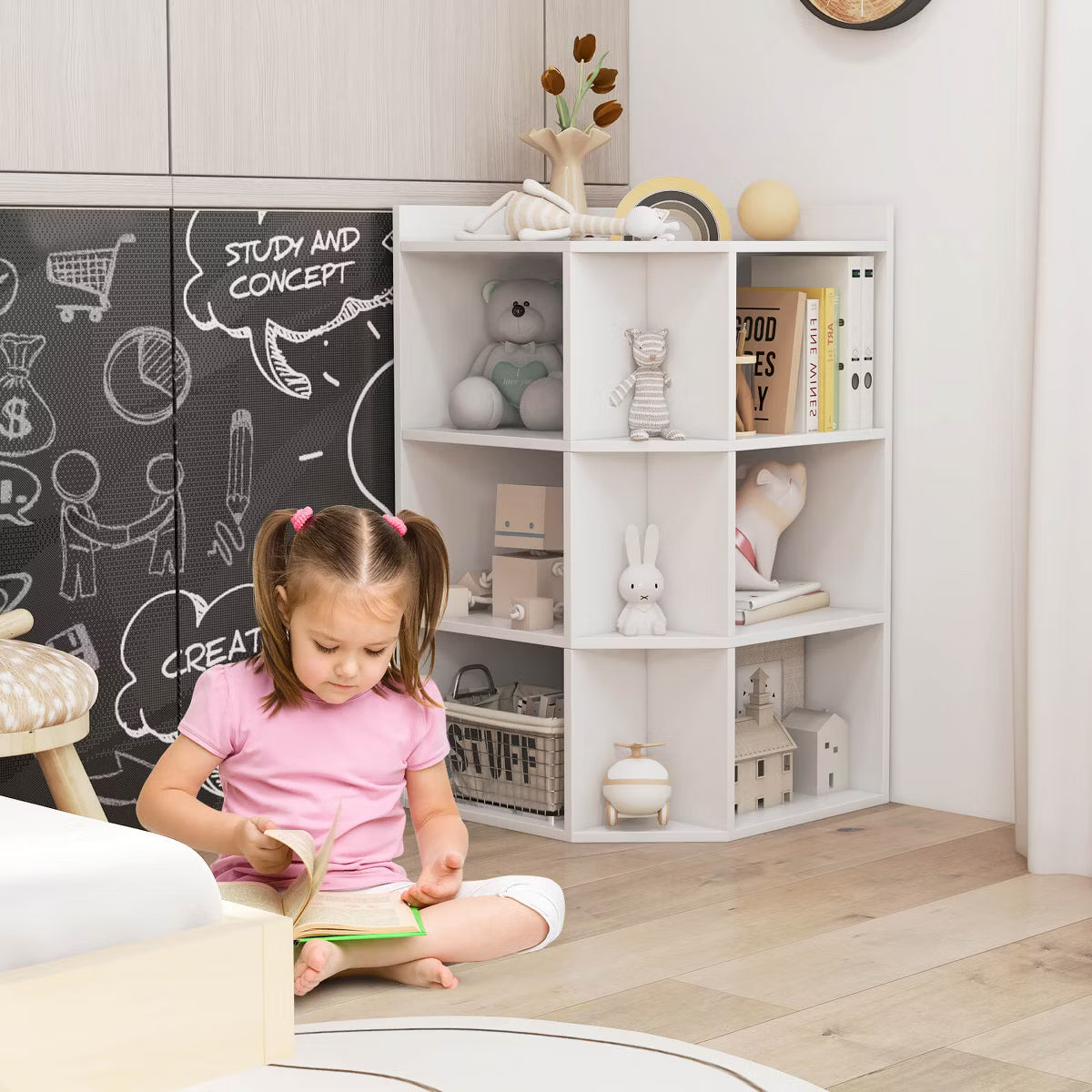 -Tier Kids Corner Toy Storage Organizer with USB Ports and Outlets 9 Cubbies White