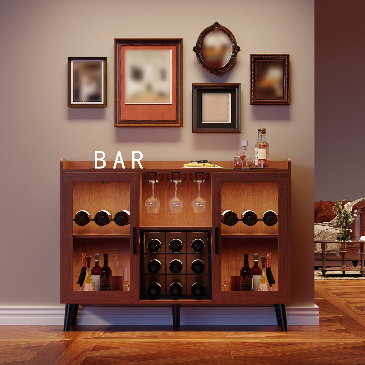 47" Coffee Bar Cabinet with Wine Rack, Wooden Sideboard Buffet Cabinet