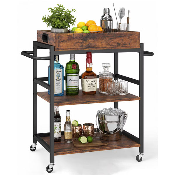 Bar Cart – Culinvaro 3-Tier Rolling Bar Cart, Metal Kitchen Serving Cart with Tray