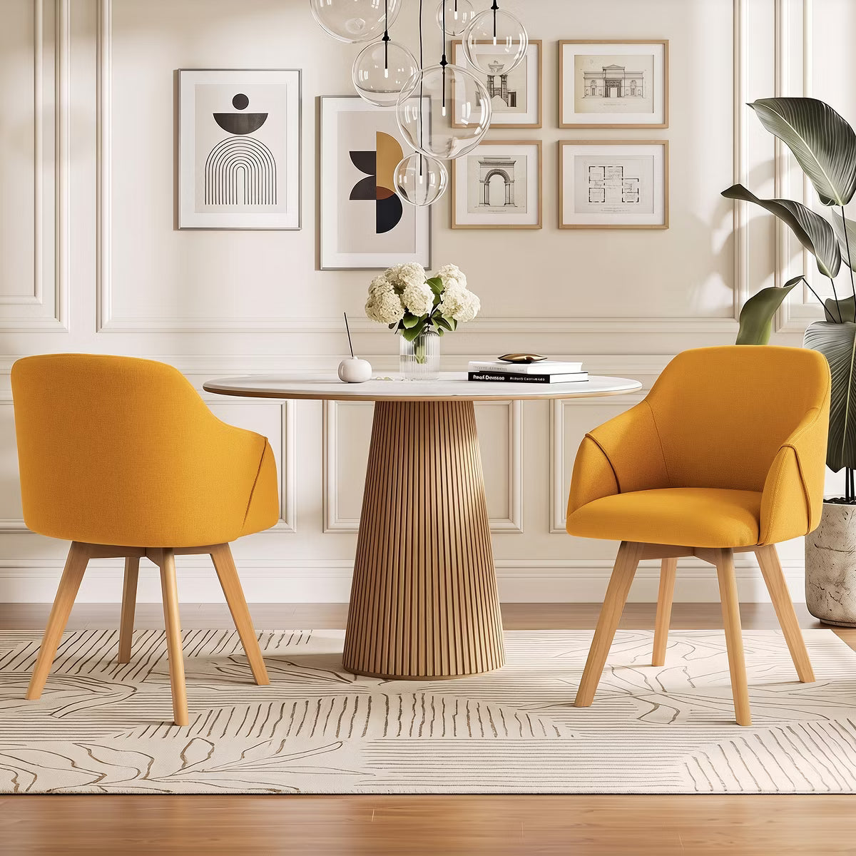 Swivel Dining Chairs Set of 2, Linen Upholstered Armchairs with Solid Wood Legs