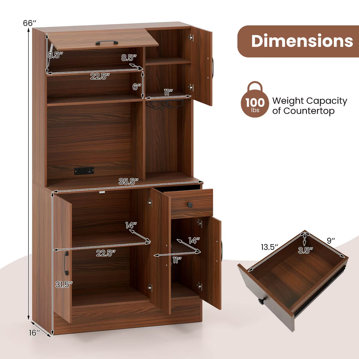 Pantry Cabinet – Culinvaro 66" Pantry Cabinet Tall Kitchen Storage Cabinet with Charging Station Brown