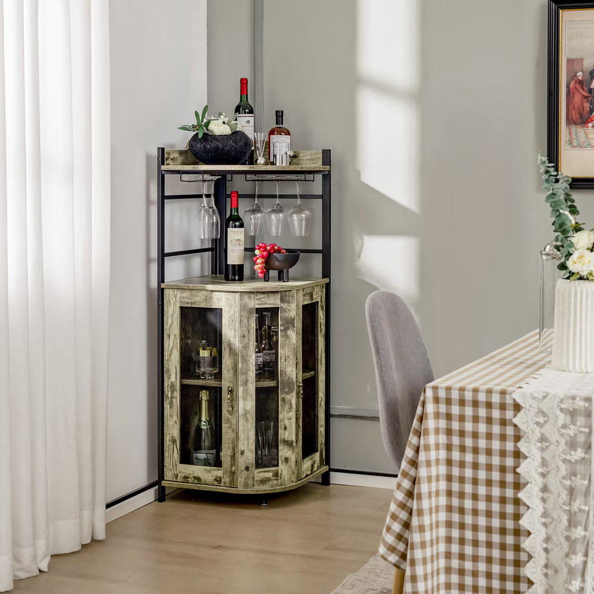 Bar Cabinet – Culinvaro Corner Bar Cabinet Industrial Liquor Wine Cabinet with Glass Holder & Mesh Doors