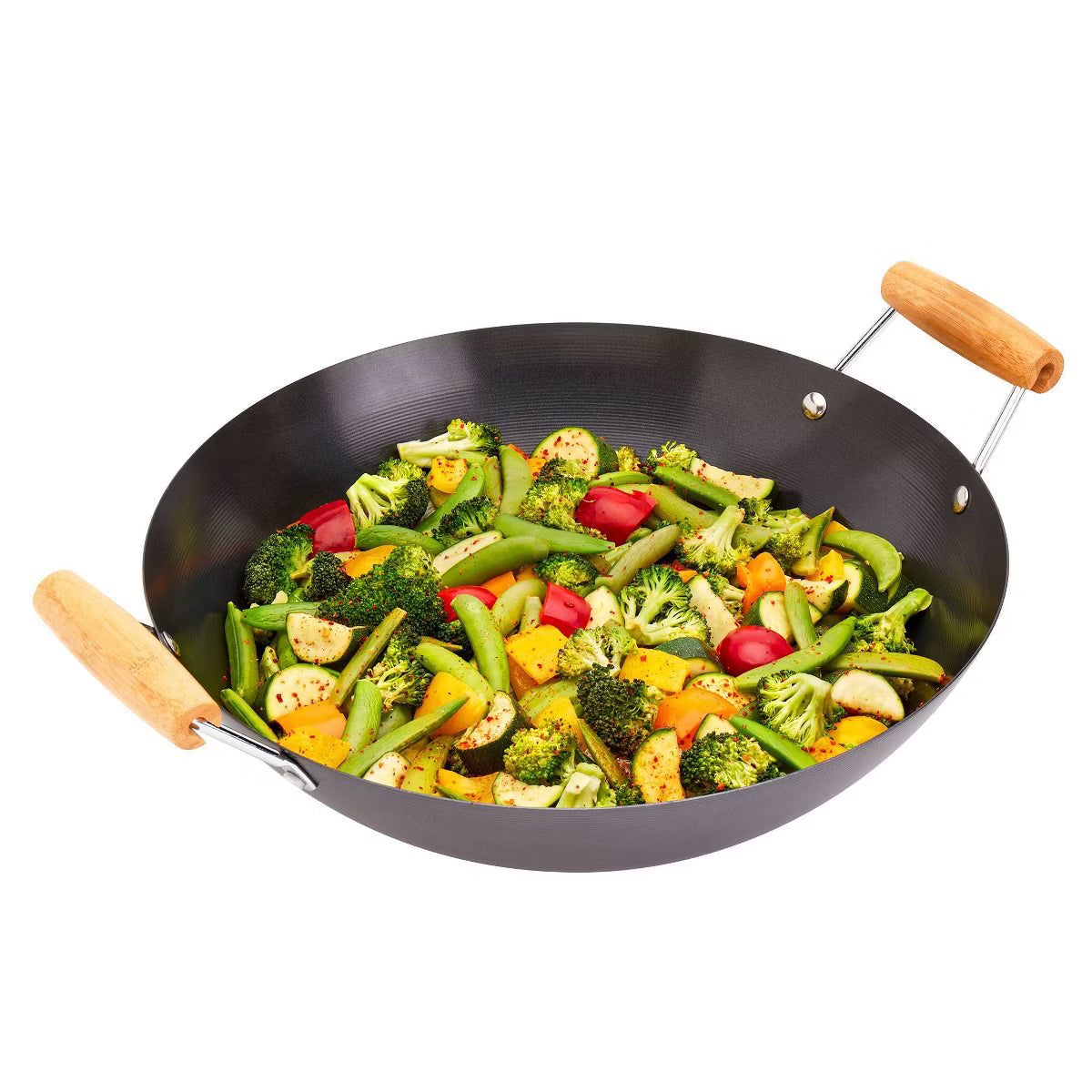 Wok – 14" Open Wok with Bamboo Side Handle: Carbon Steel Nonstick – Black