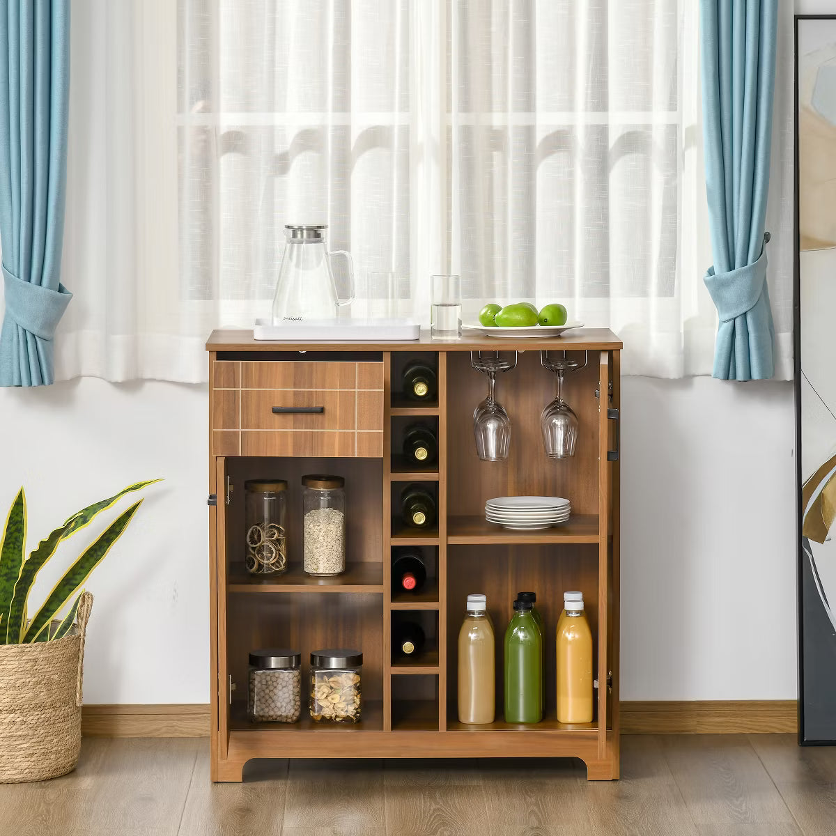 Wine Cabinet – Culinvaro Retro Wine Cabinet for 6 Bottles, Wine Rack Sideboard Serving Bar with Glass Holders and 1 Drawer, Brown