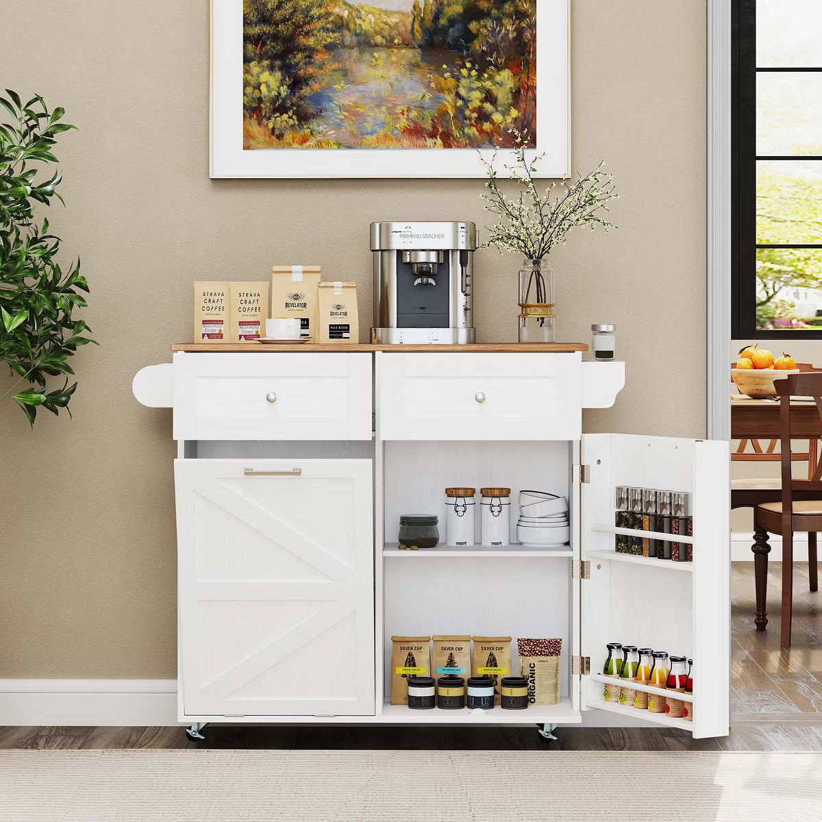 Rolling Kitchen Island Kitchen Island Cart with Drop Leaf Trash Can Cabinet White
