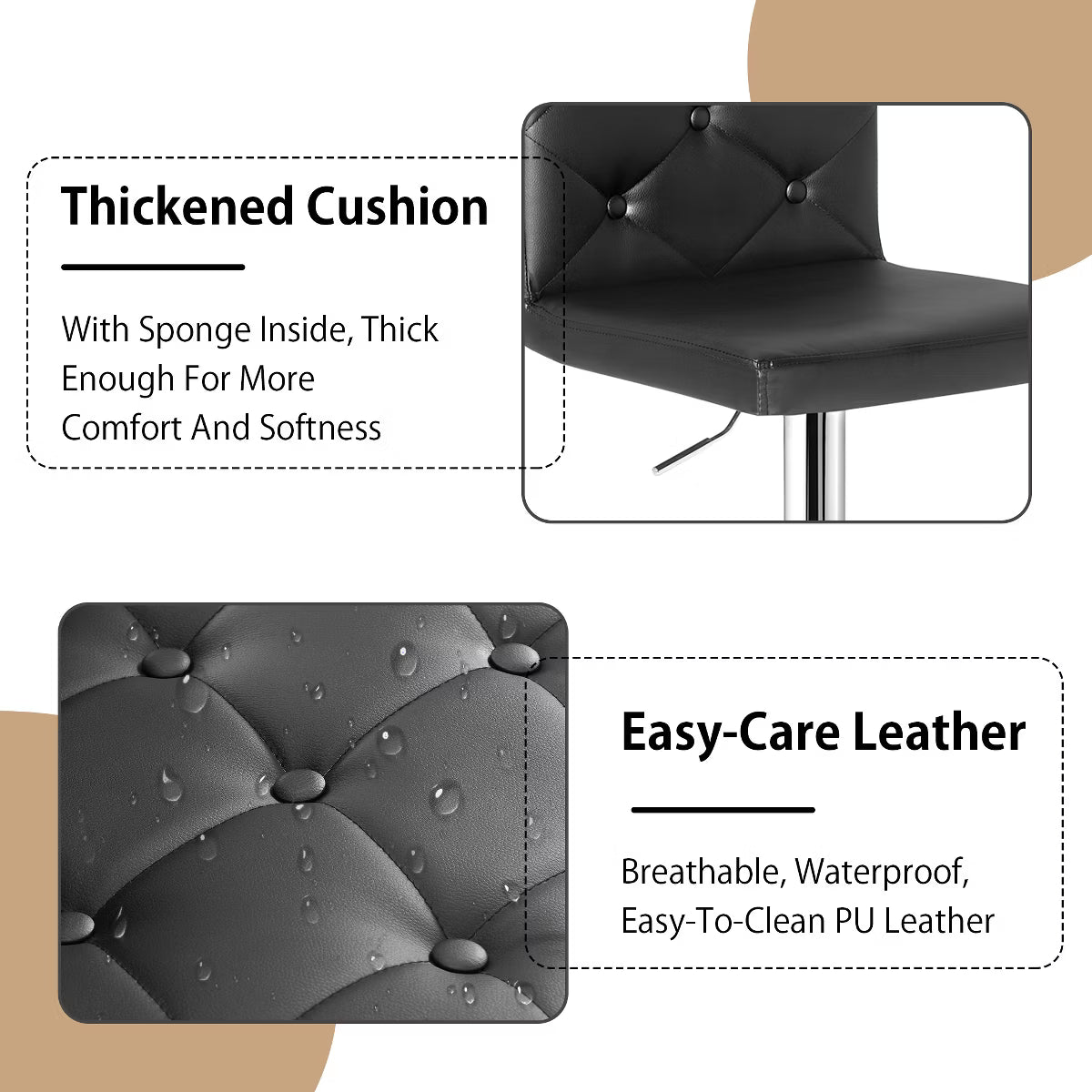 Adjustable Counter Height Bar Stools with PU Leather Seat, Black, 2 PCS