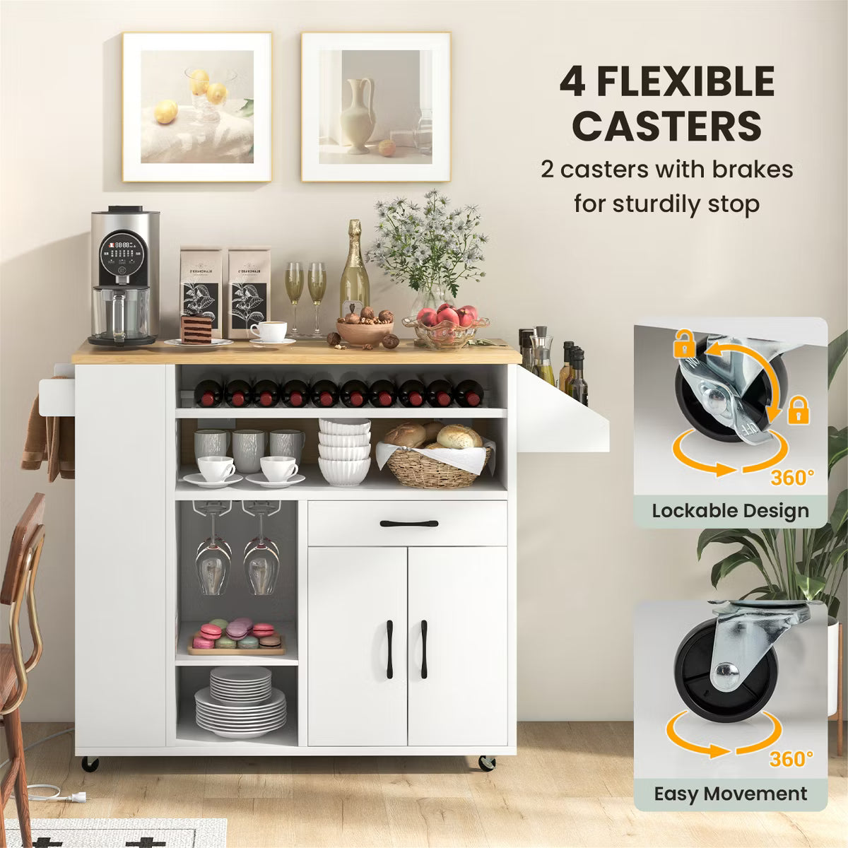 Kitchen Island – Culinvaro Leaf Kitchen Island Cart w/ Power Outlet Drinks Rack Glass Holder Drawer