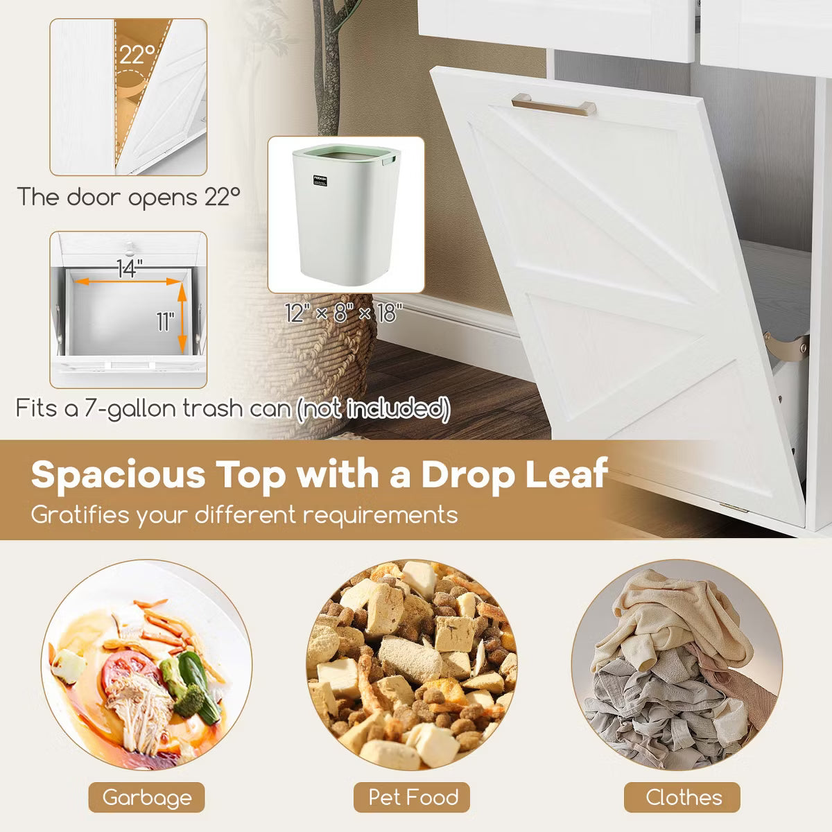 Rolling Kitchen Island Kitchen Island Cart with Drop Leaf Trash Can Cabinet White