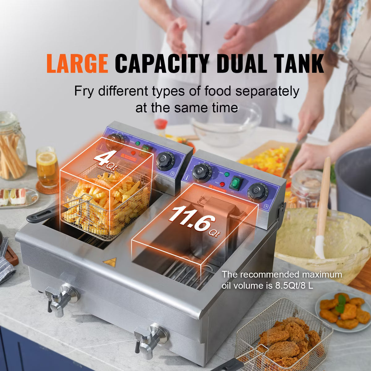 Deep Fryer – Dual Tank 3000W Electric Countertop Fryer with Basket – Silver