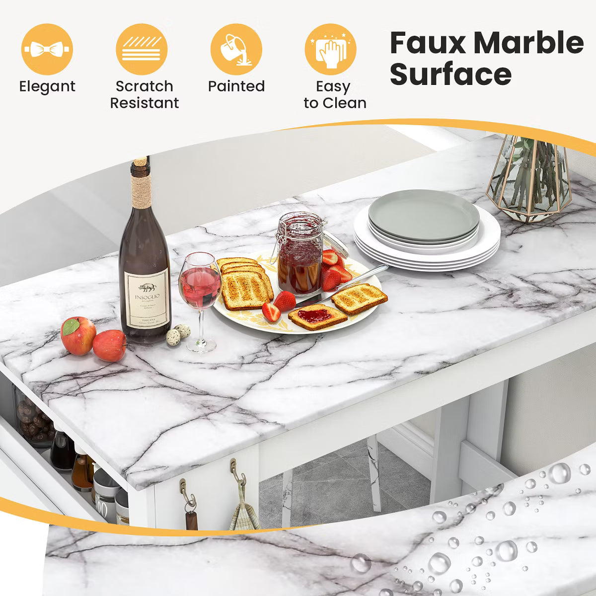 47" Long Counter Height Table Bar Table Faux Marble Pub Table w/ Cabinet