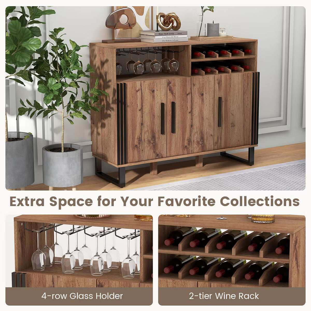 Bar Cabinet – Culinvaro Home Drinks Bar Cabinet w/ 3 Doors & Adjustable Shelves 2-tier Drinks Rack Sideboard