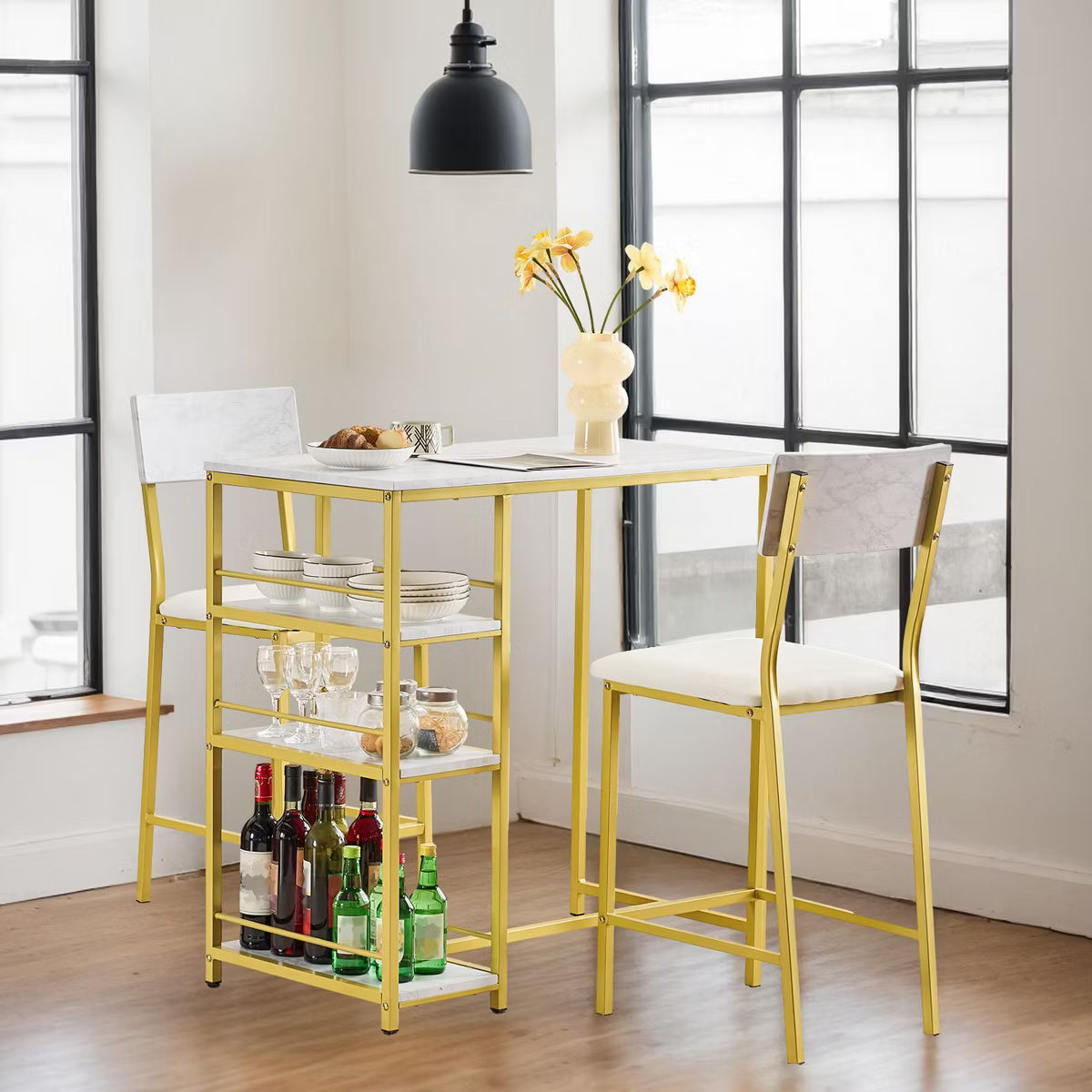 Dining Set – Culinvaro Dining Table Set with 2 Stools, 3-Tier Storage Shelves