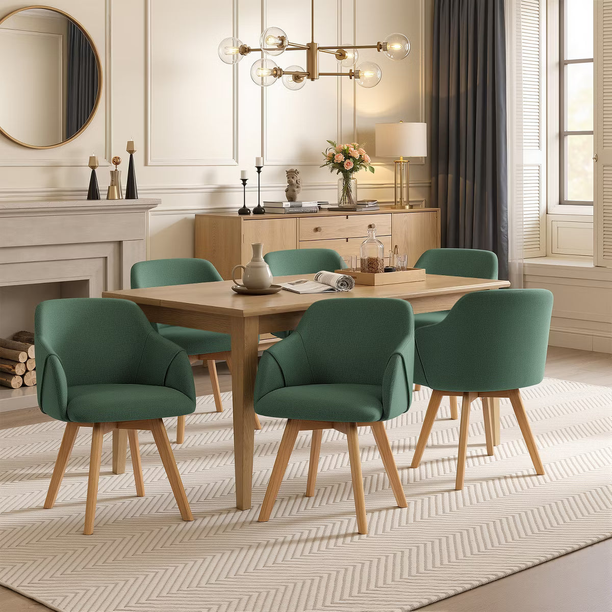 Swivel Dining Chairs Set of 2, Linen Upholstered Armchairs with Solid Wood Legs