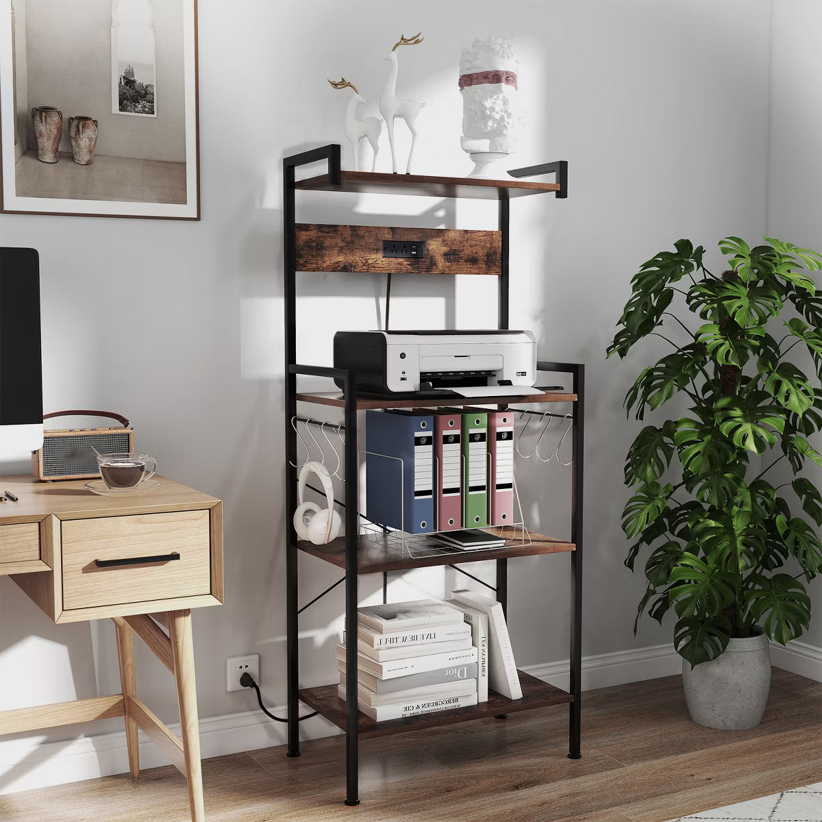 Baker's Rack – Culinvaro y Kitchen Baker's Rack with Charging Station Industrial Coffee Bar Shelf with 8 Movable Hooks