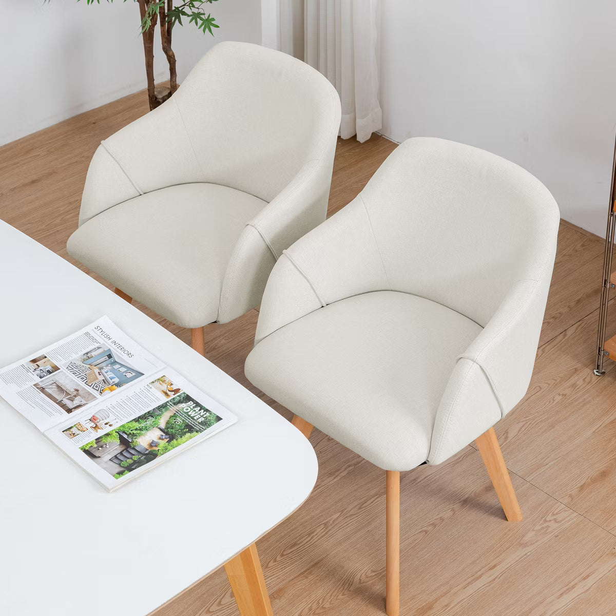 Swivel Dining Chairs Set of 2, Linen Upholstered Armchairs with Solid Wood Legs