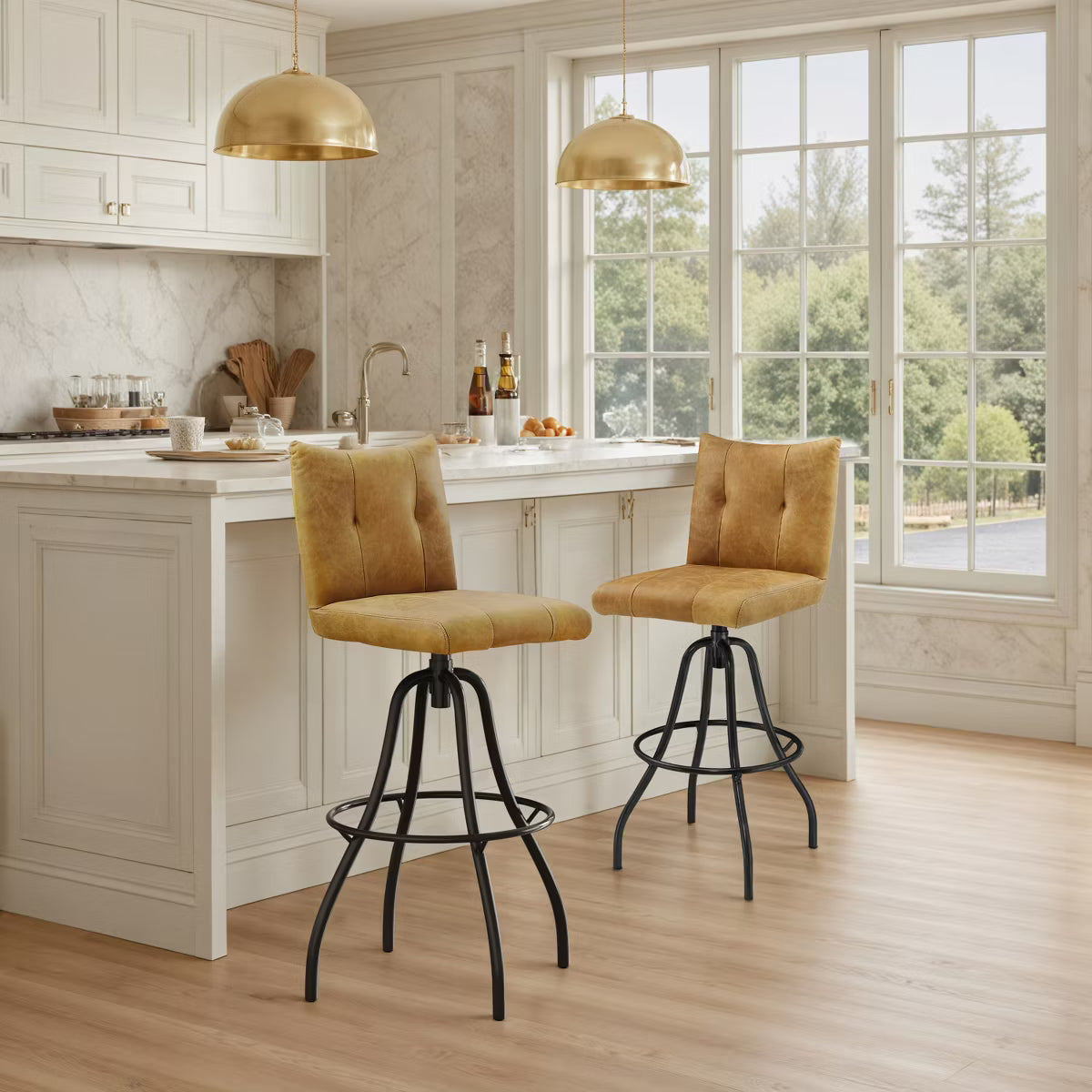 Genuine Leather Industrial-style and Mid-century Modern Counter Height Barstool