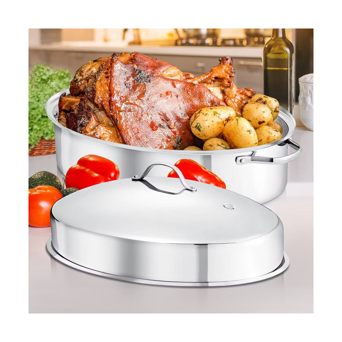 Roasting Pan – Oval Roasting Pan, Roaster with Polished Rack – Silver