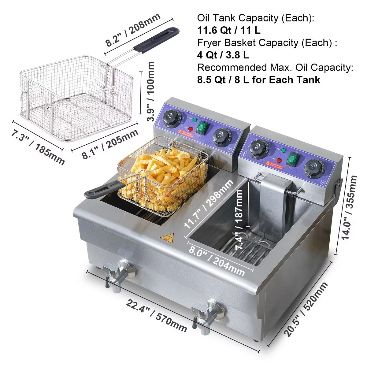 Deep Fryer – Dual Tank 3000W Electric Countertop Fryer with Basket – Silver
