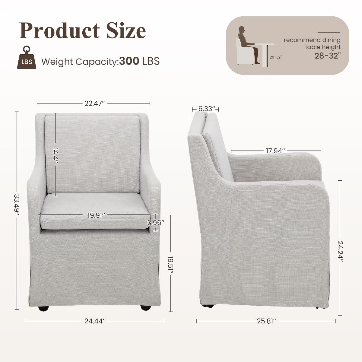 Set of 6 Upholstered Dining Chairs with Casters, Removable Seat Cushion
